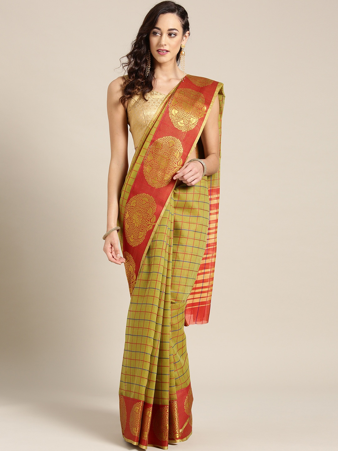 

Ishin Olive Green & Golden Checked Chanderi Saree