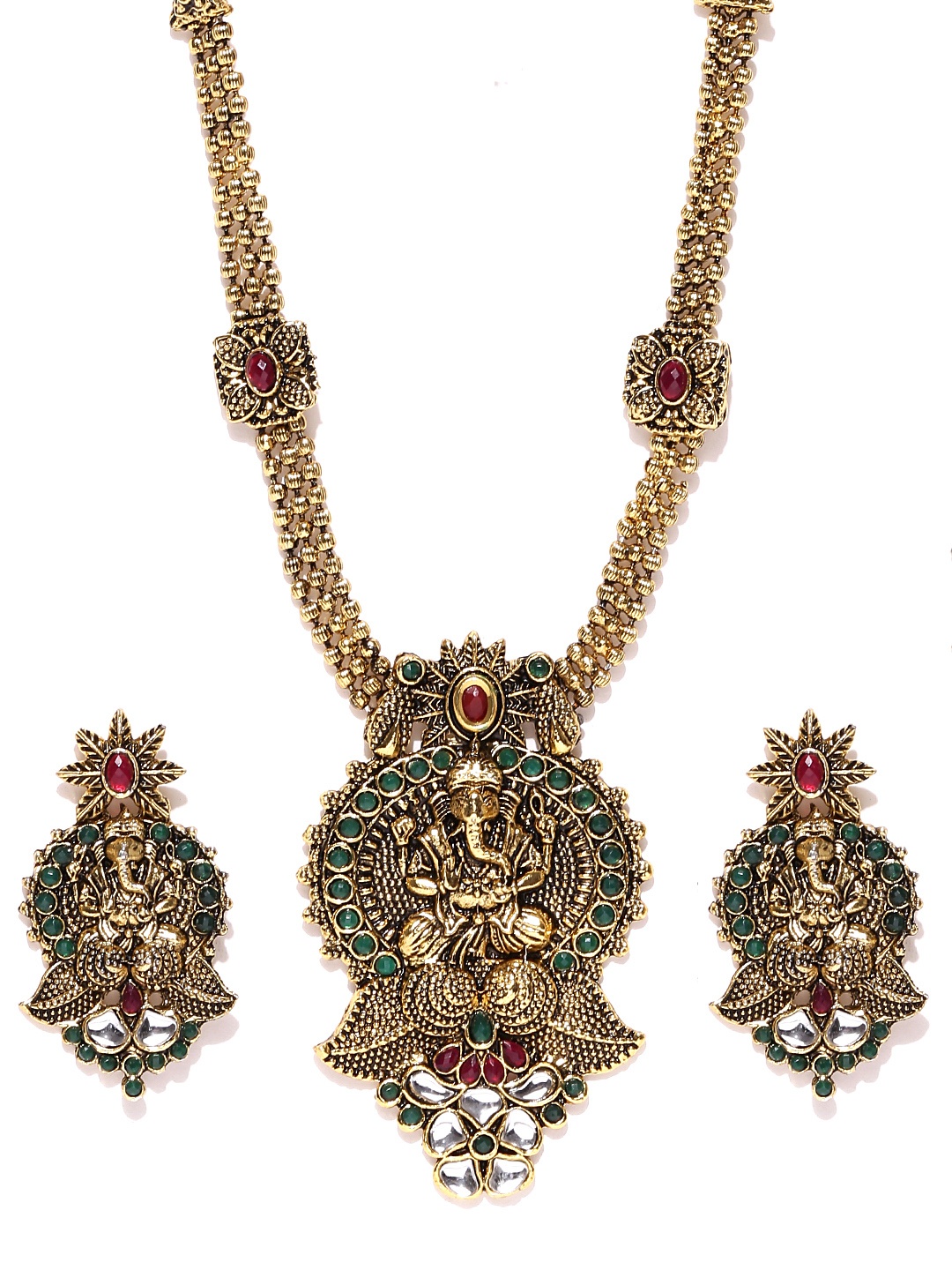 

Zaveri Pearls Antique Gold-Toned Temple Jewellery Set
