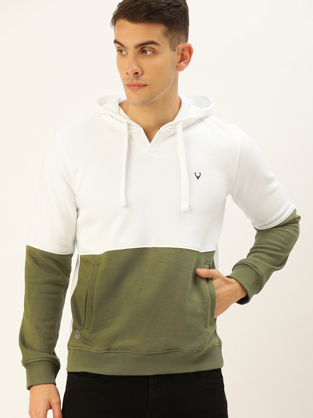 

Allen Solly Sport Wimbledon Men White & Olive Green Colourblocked Hooded Sweatshirt