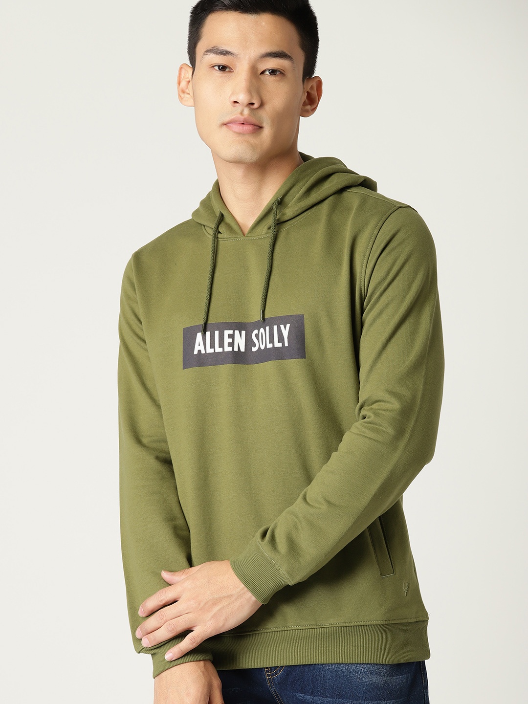 

Allen Solly Men Olive Green Printed Hooded Sweatshirt