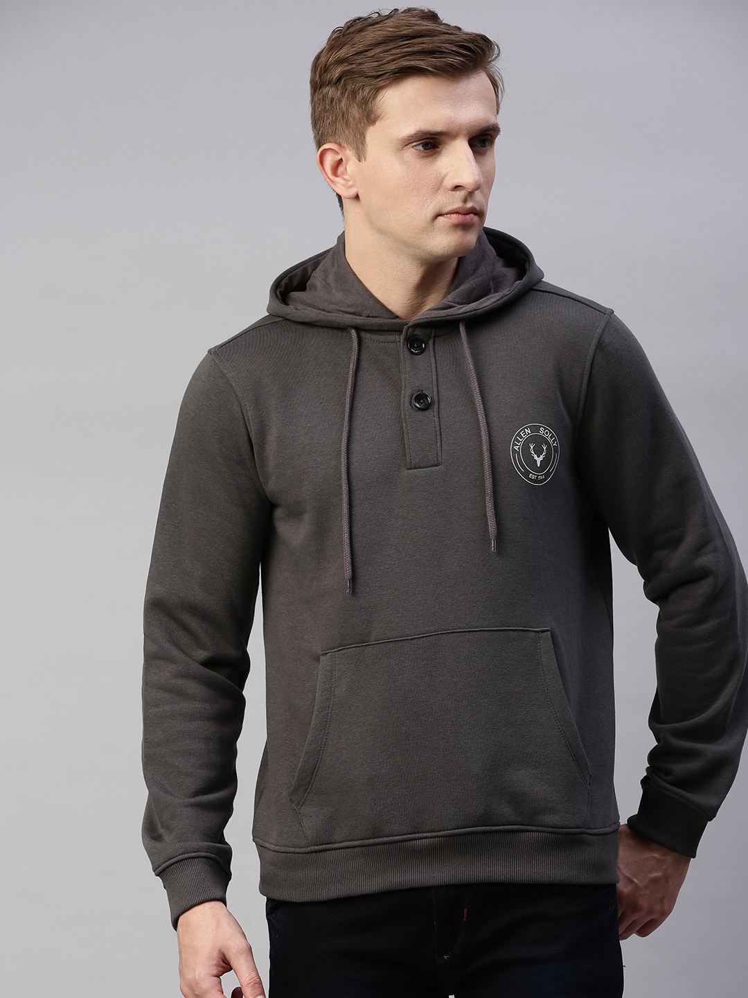 

Allen Solly Men Charcoal Grey Solid Hooded Sweatshirt