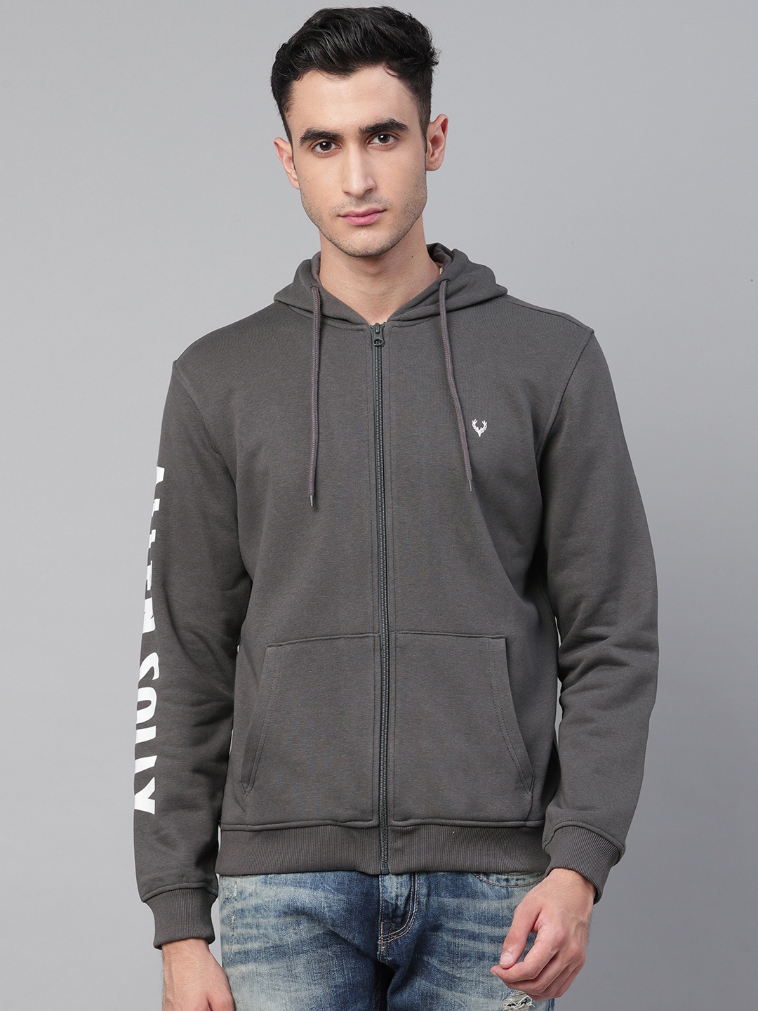 

Allen Solly Men Charcoal Grey Solid Hooded Sweatshirt