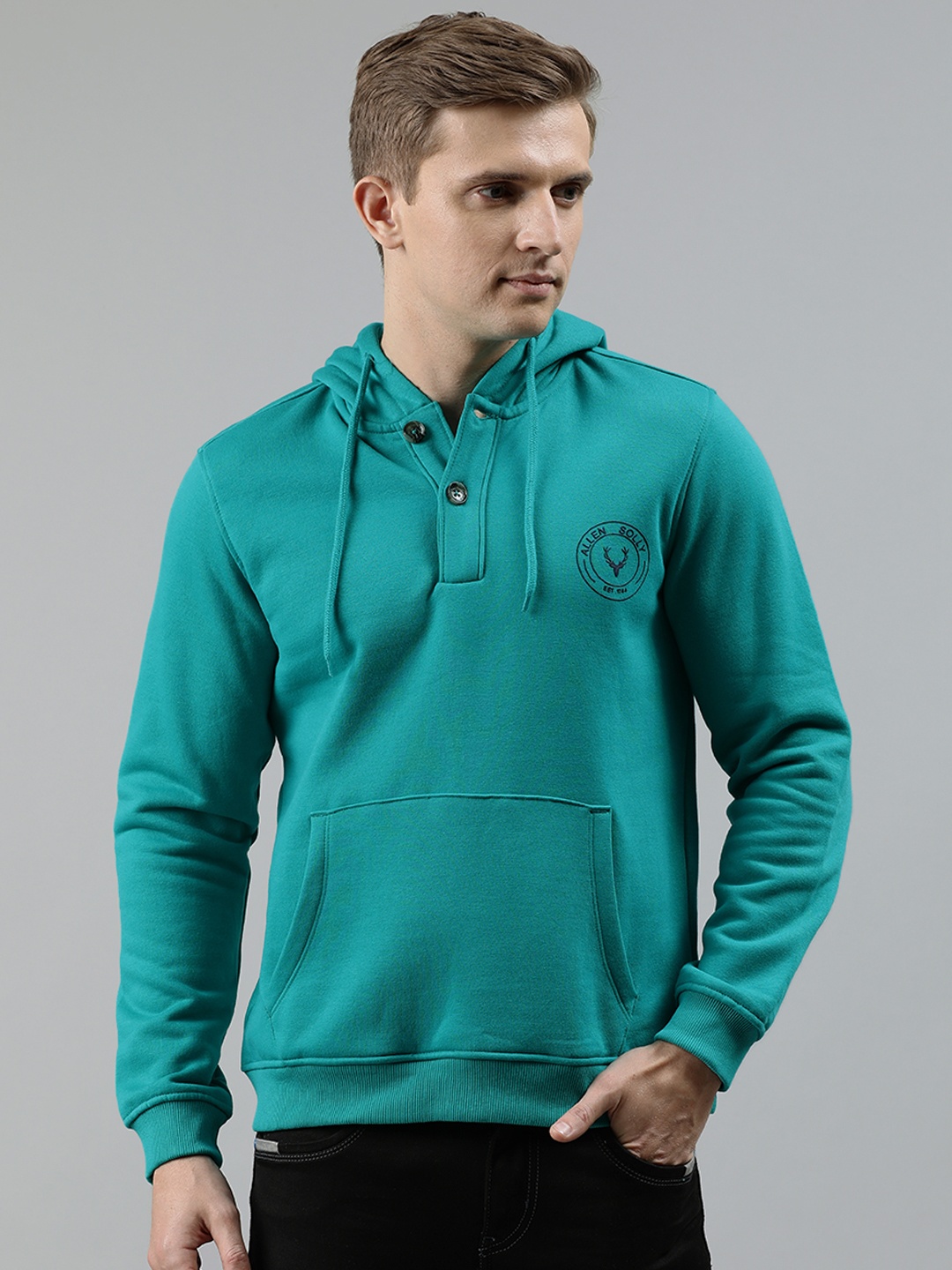 

Allen Solly Men Teal Green Solid Hooded Sweatshirt