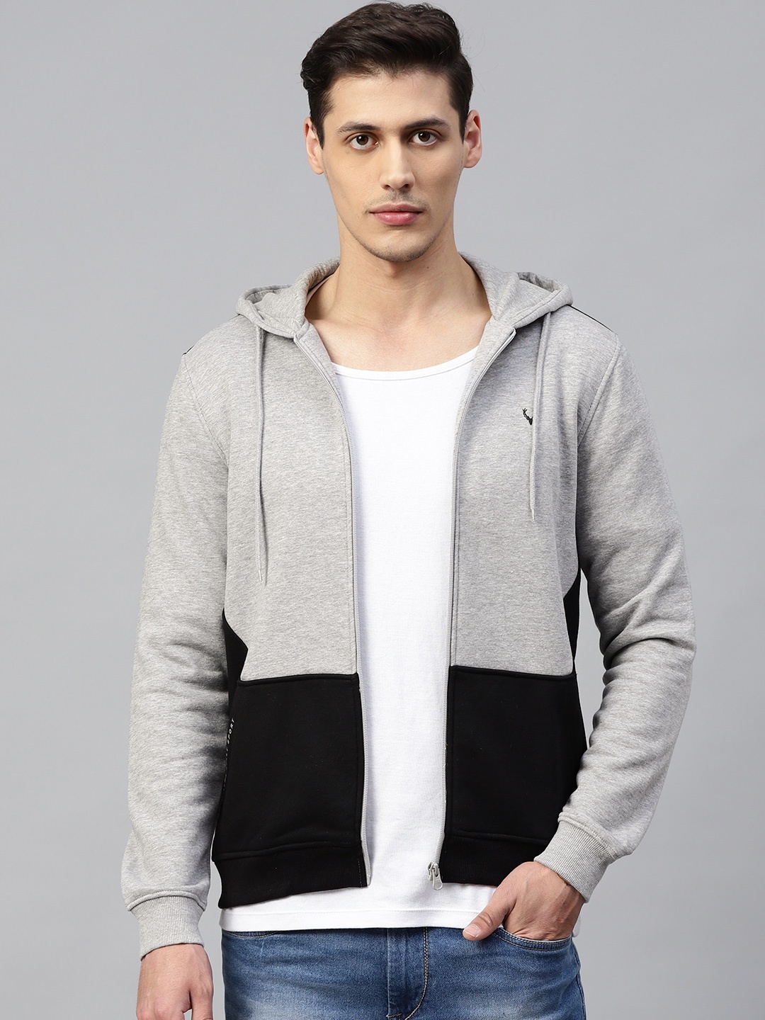 

Allen Solly Sport Men Grey Melange & Black Colourblocked Hooded Sweatshirt