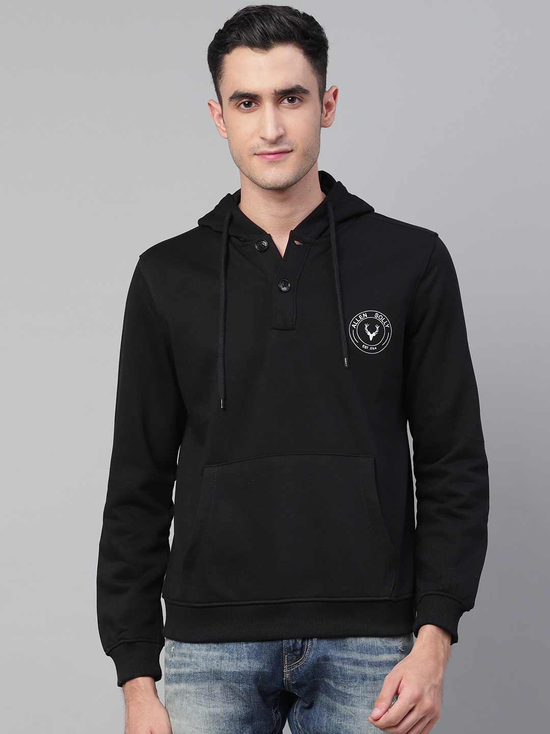 

Allen Solly Men Black Solid Hooded Sweatshirt with Brand Logo Print Detail