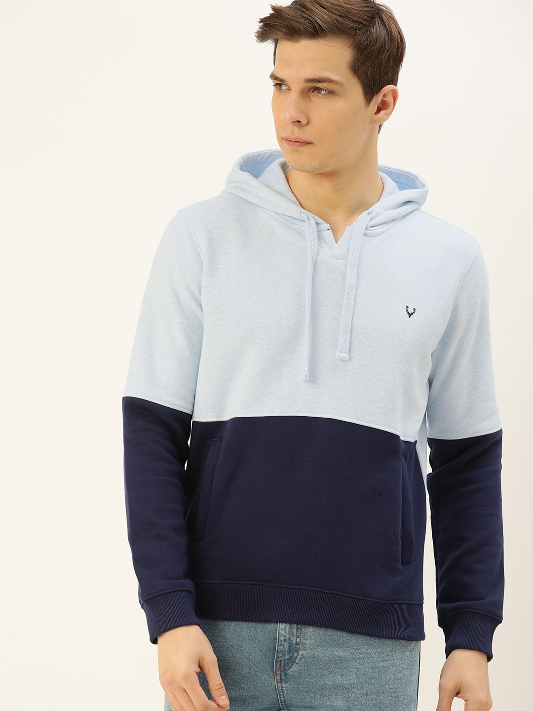 

Allen Solly Sport Men Navy Blue & Sea Green Colourblocked Hooded Sweatshirt