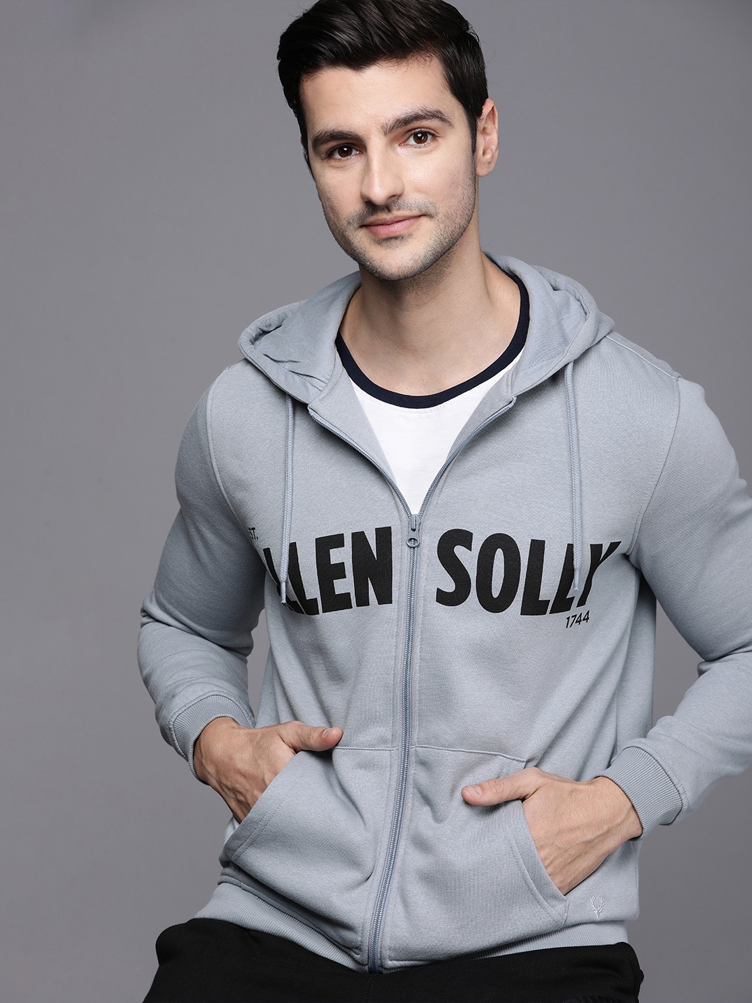 

Allen Solly Sport Men Grey Typography Printed Hooded Sweatshirt