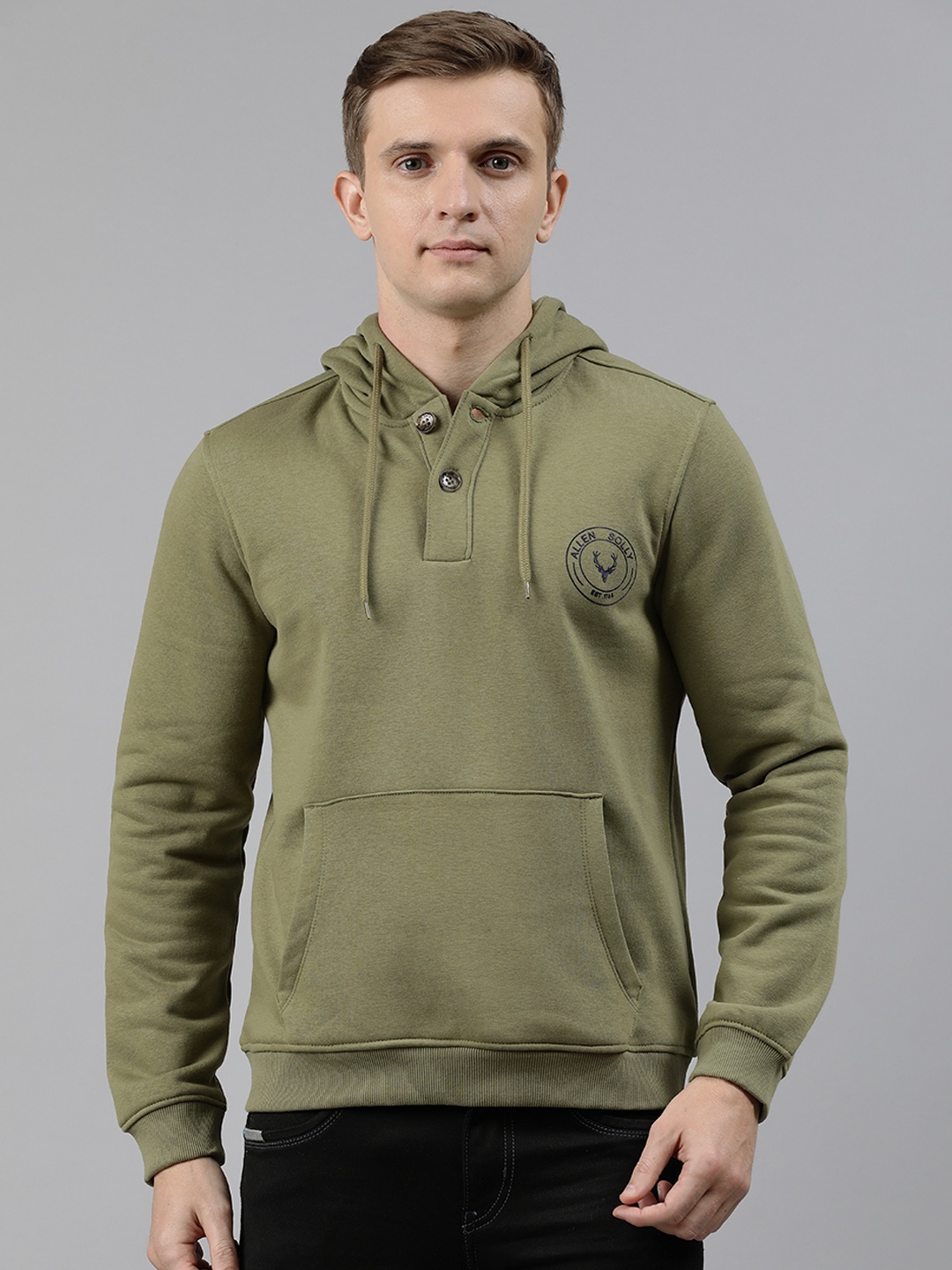 

Allen Solly Men Olive Green Solid Hooded Sweatshirt