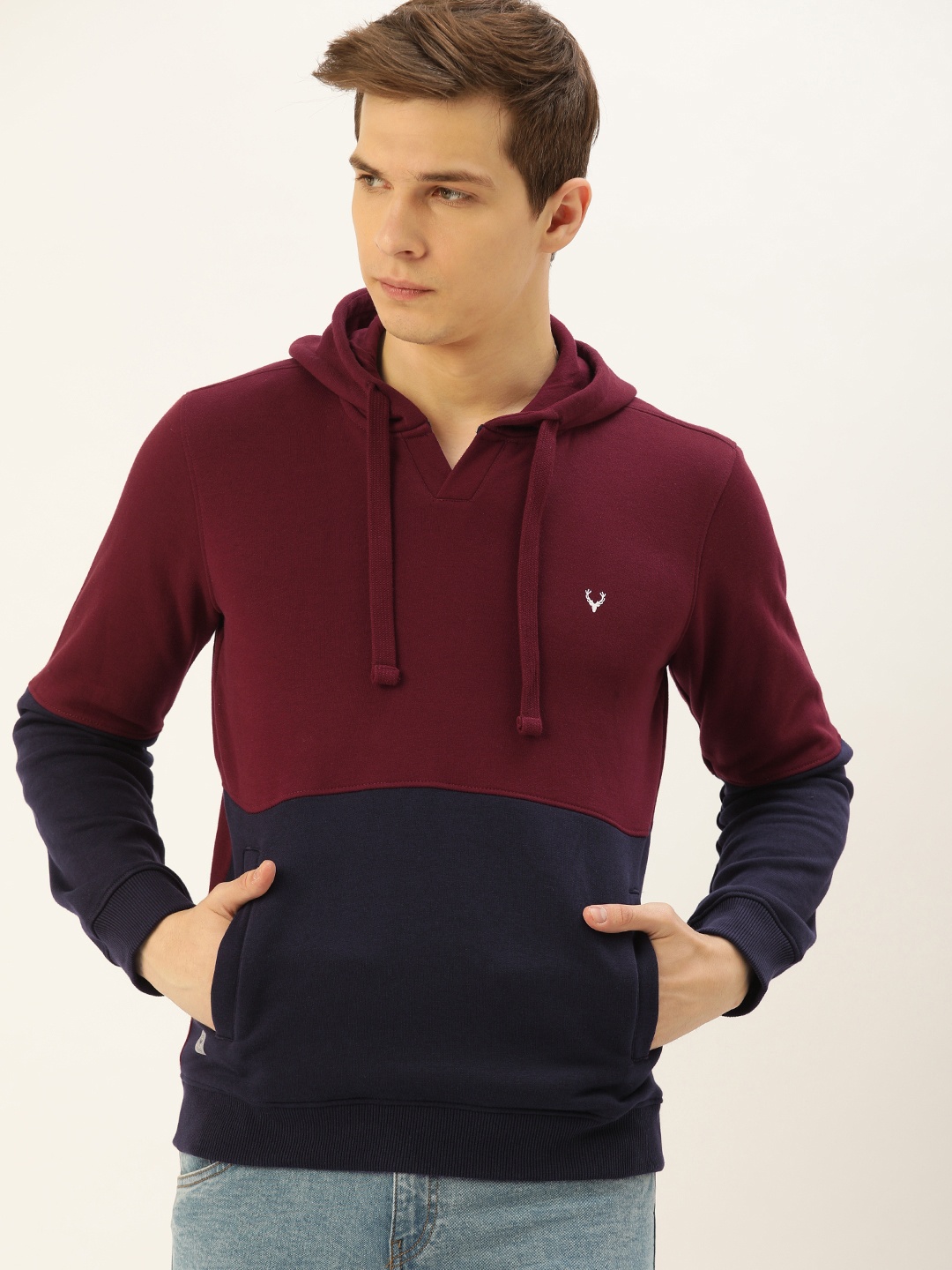 

Allen Solly Sport Wimbledon Men Burgundy & Navy Blue Colourblocked Hooded Sweatshirt