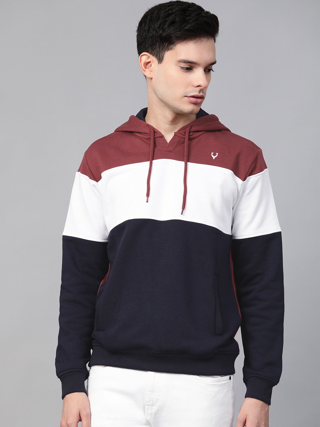 

Allen Solly Men Navy Blue & White Colourblocked Hooded Sweatshirt