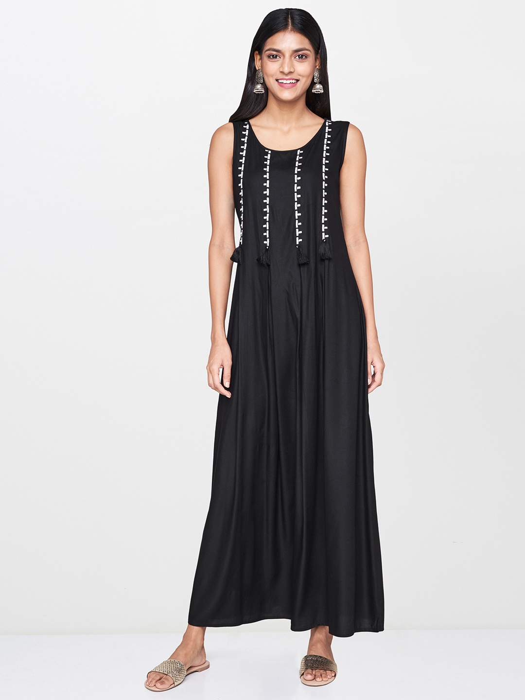 

Global Desi Women Solid Black A-Line Maxi Dress