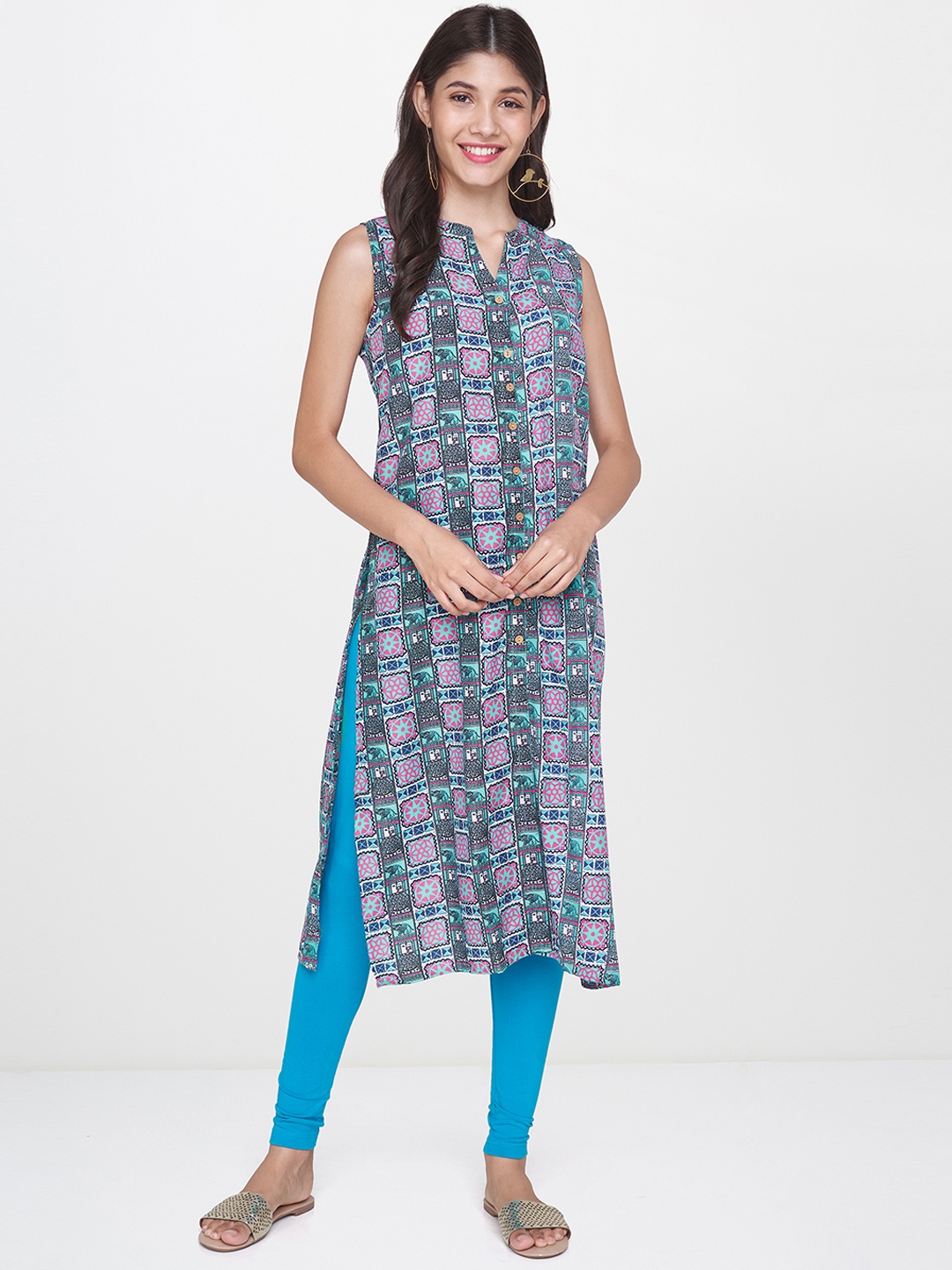 

Global Desi Women Blue & Black Printed Straight Kurta