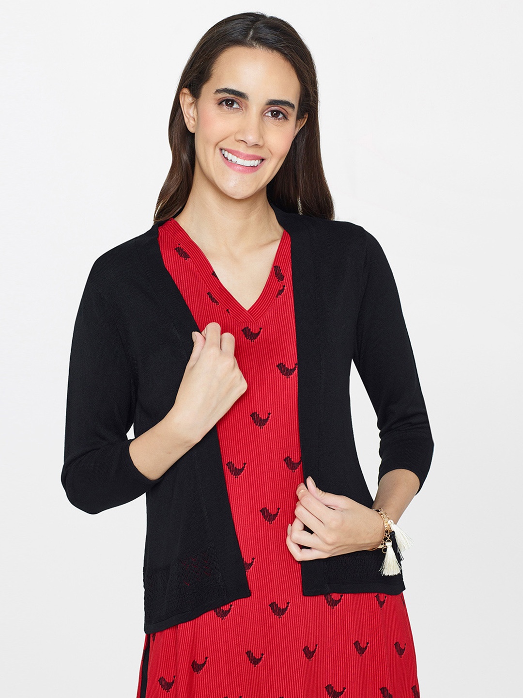 

Global Desi Women Black Solid Open Front Shrug