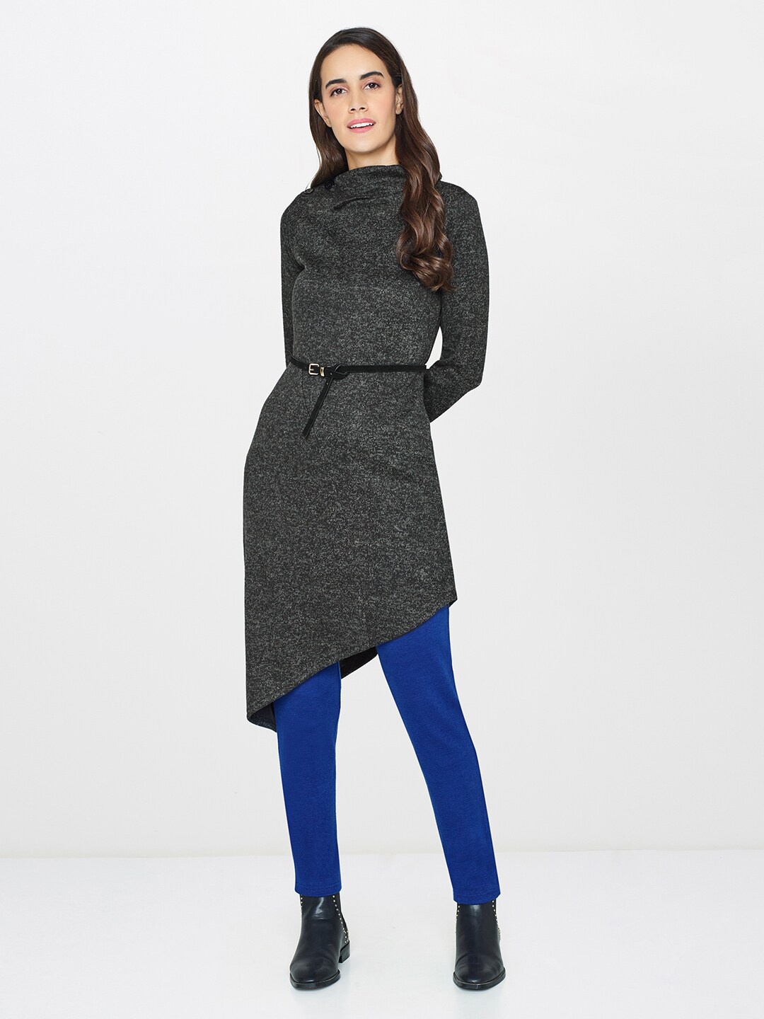 

Global Desi Women Charcoal Grey Solid Sweater Tunic with Asymmetric Hem
