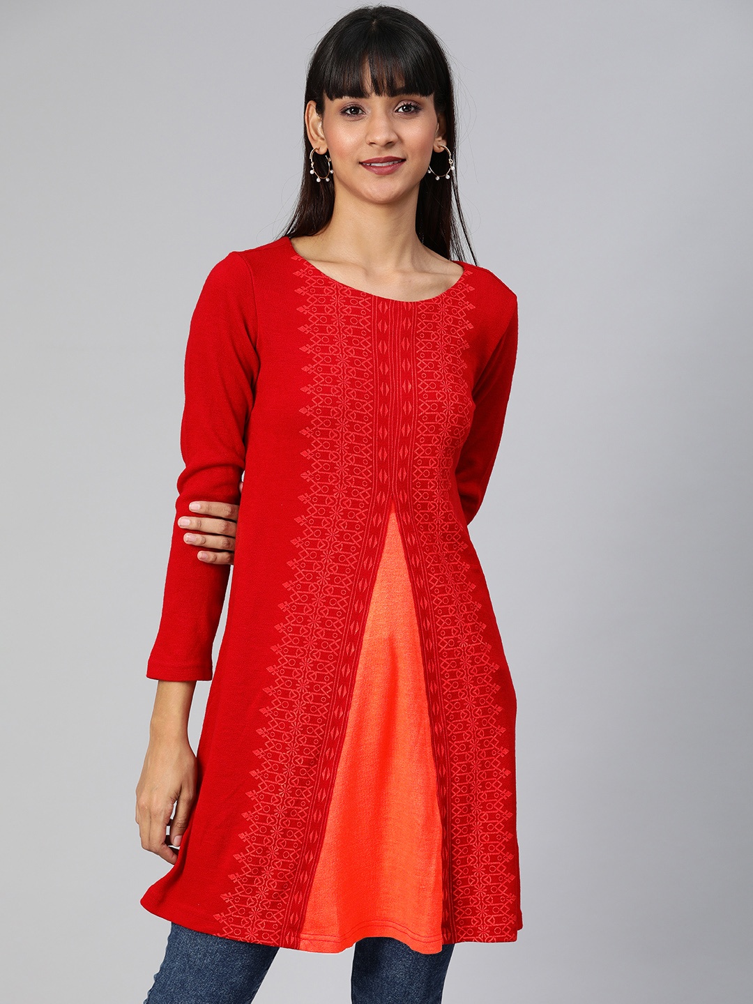 

Global Desi Women Red Woven Design A-Line Kurta Sweater