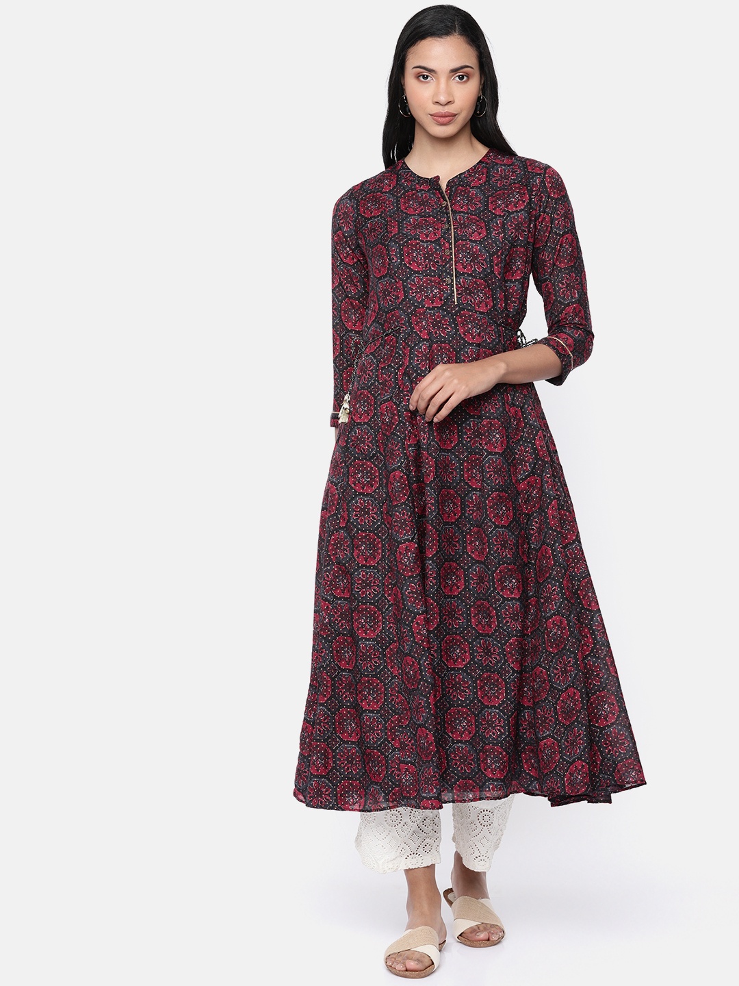 

Global Desi Women Black & Maroon Printed A-Line Kurta With Waist Tie-Ups