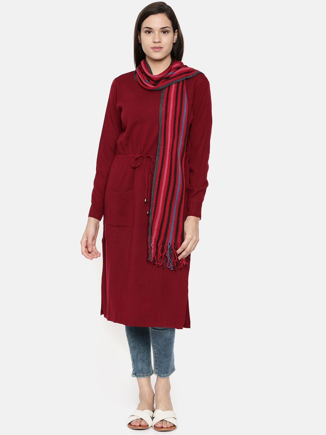 

Global Desi Women Maroon Solid Tie-Up Detail Tunics