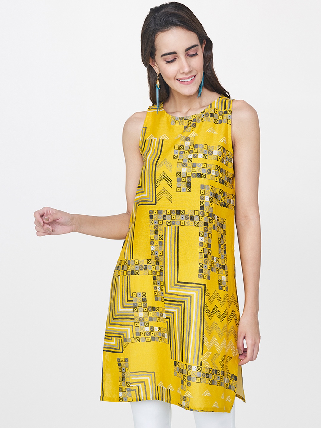 

Global Desi Women Mustard Yellow Printed Tunic