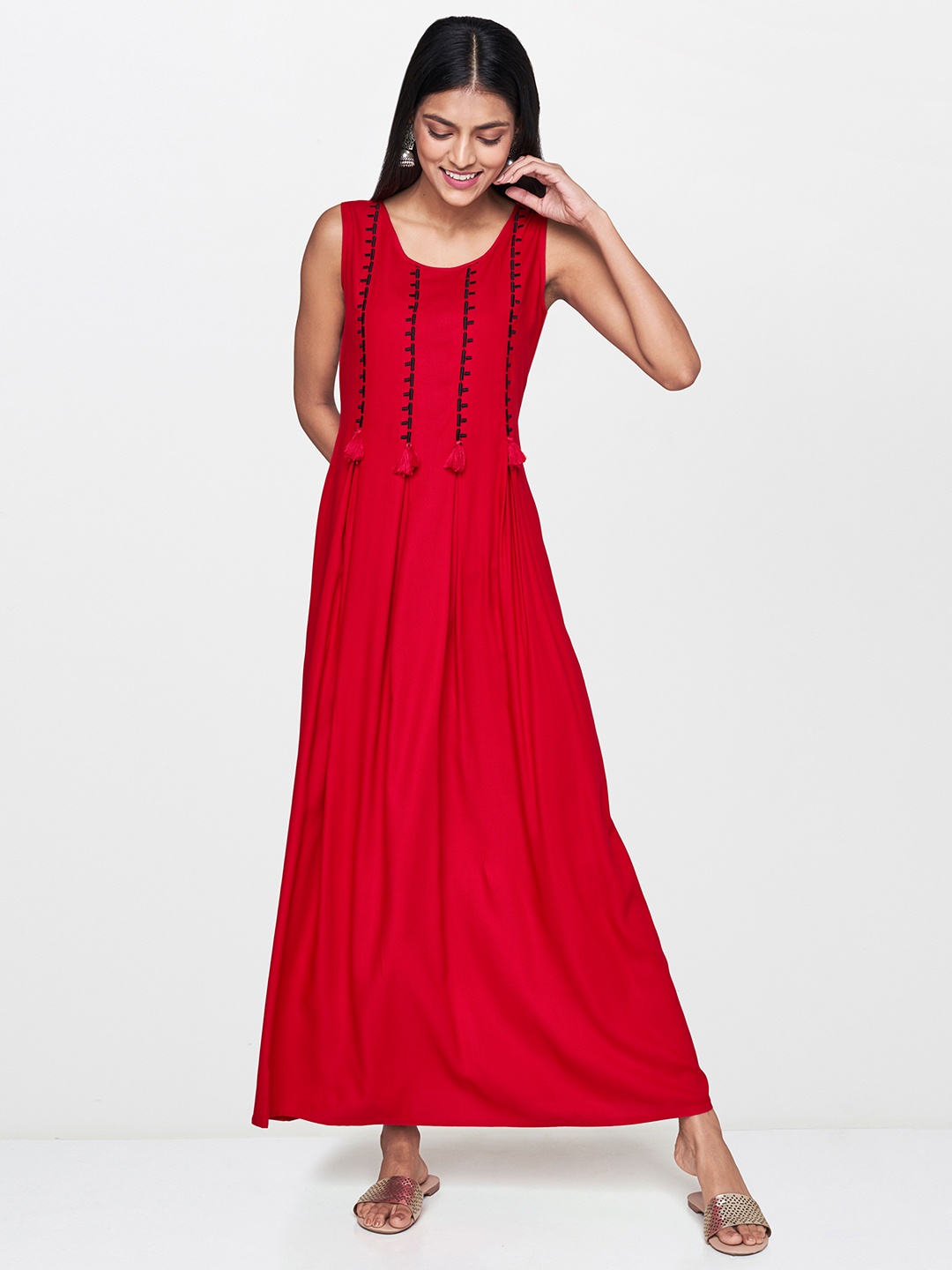 

Global Desi Women Red Embroidered Maxi Dress