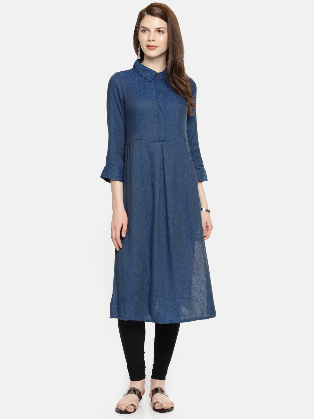 

Global Desi Women Blue Self Striped A-Line Kurta