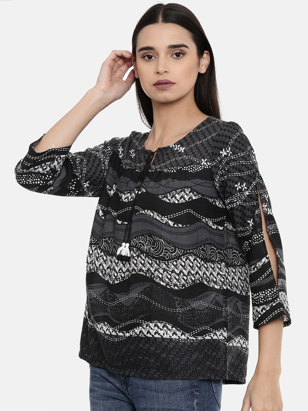 

Global Desi Women Black Printed Top