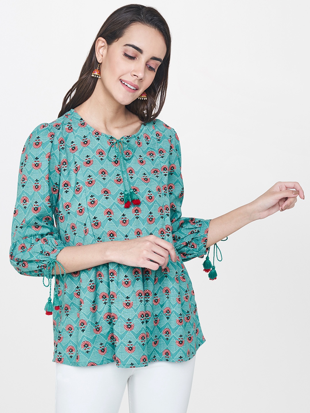 

Global Desi Women Turquoise Blue Printed Top