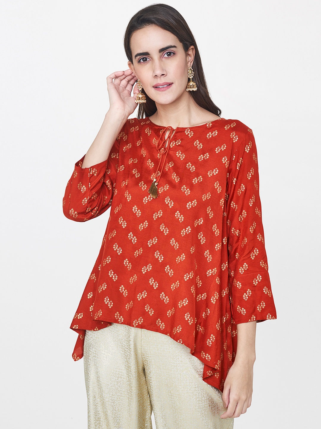 

Global Desi Women Rust Block Print Top