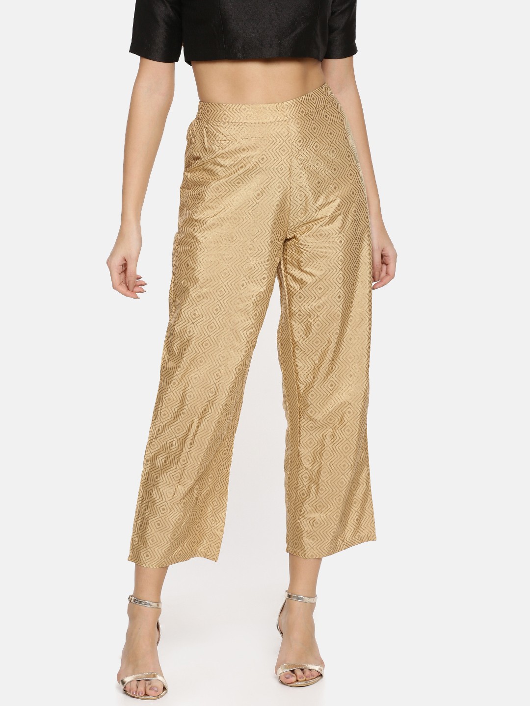

Global Desi Women Gold-Coloured Printed Straight Palazzos