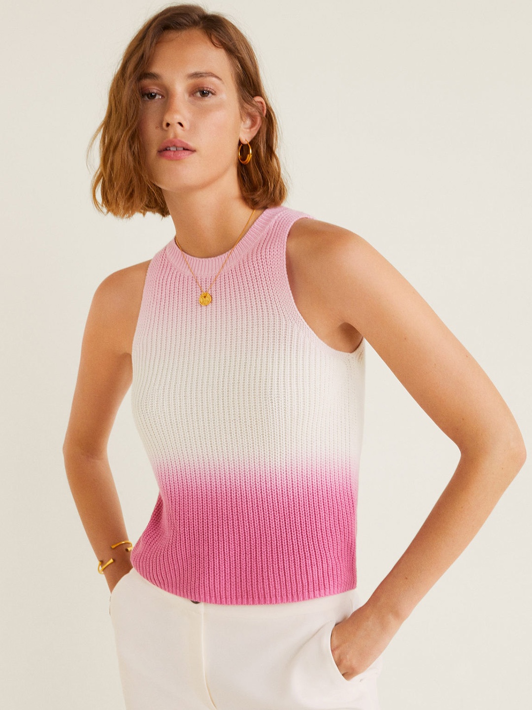 

MANGO Women Pink & White Dyed Ribbed Pure Cotton Top