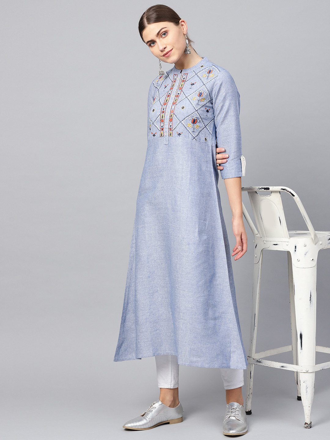 

Varanga Women Blue Yoke Design Handloom A-Line Kurta