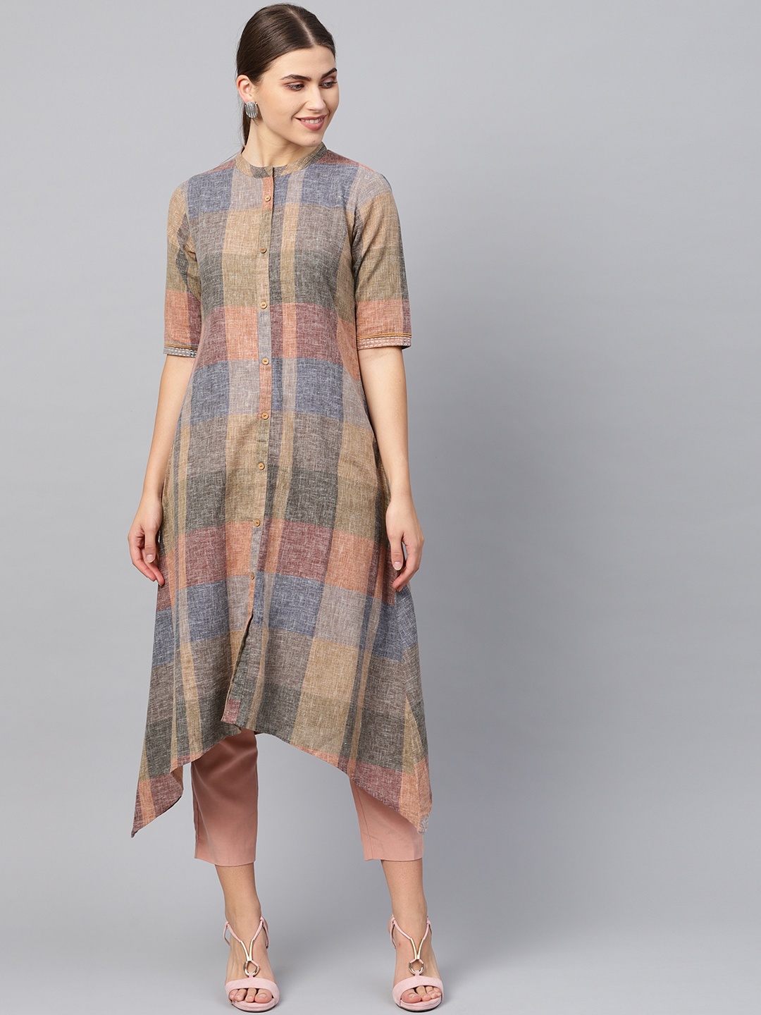 

Varanga Women Beige & Blue Checked A-Line Kurta