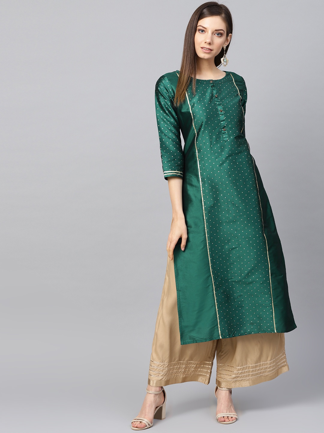

Varanga Women Green & Beige Self Design Kurta with Palazzos