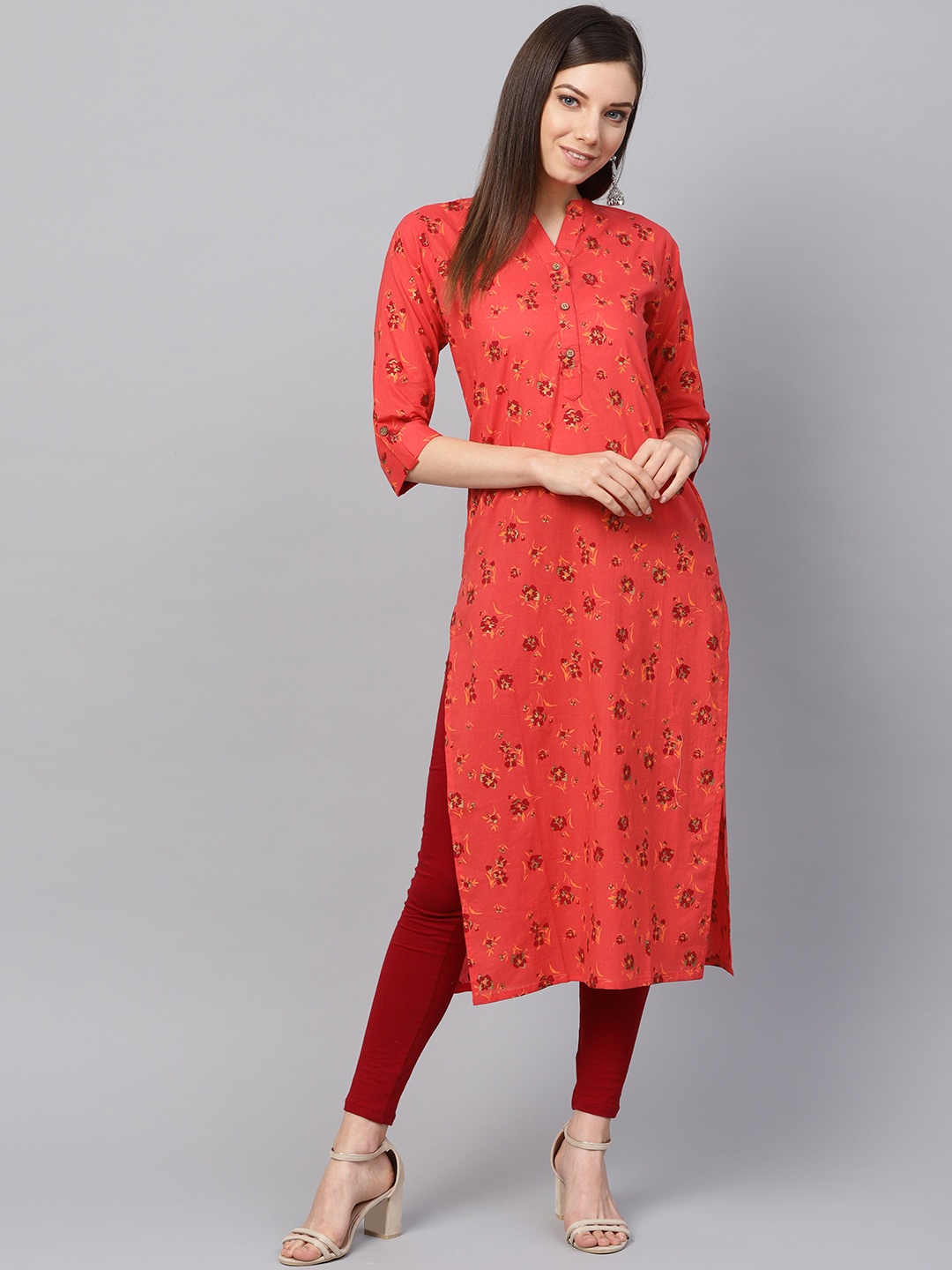

Varanga Women Coral Red Floral Foil Printed Straight Kurta