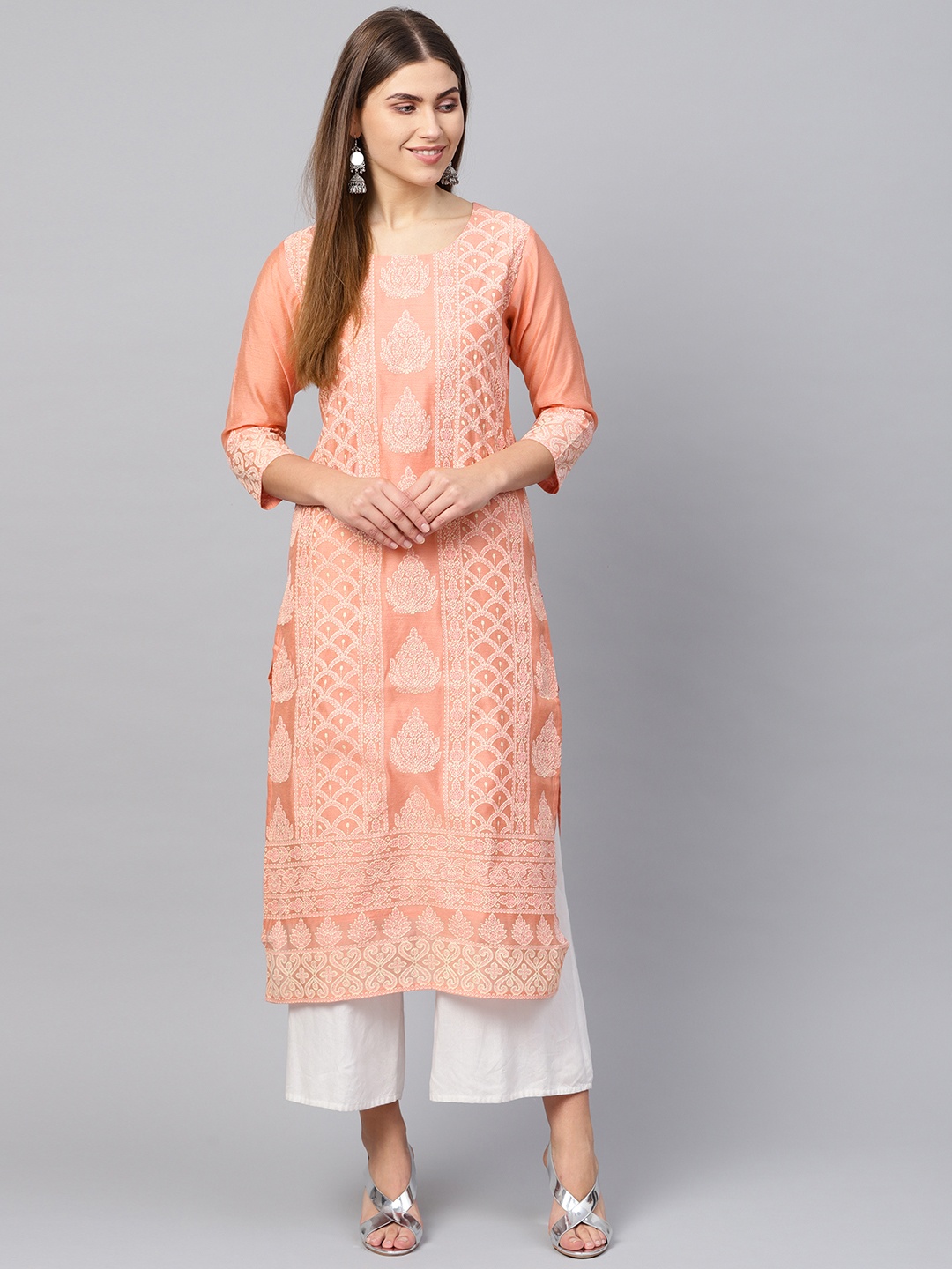 

Varanga Women Peach-Coloured & Off-White Printed Straight Kurta
