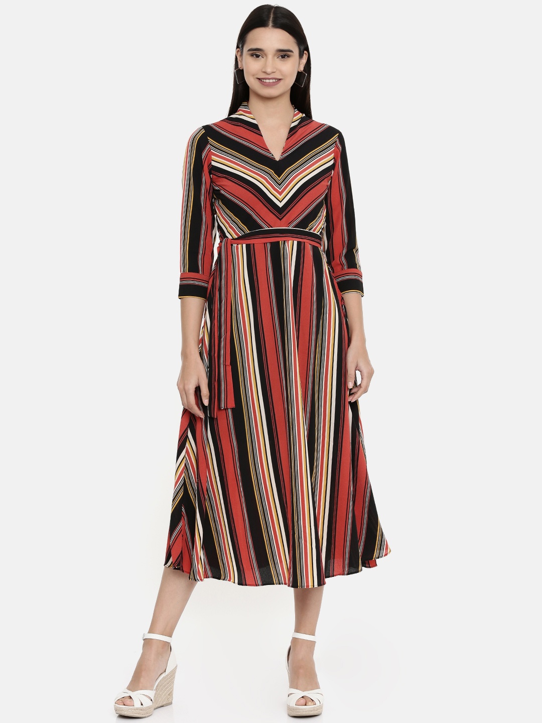 

AND Women Printed Red & Black Fit and Flare Dress