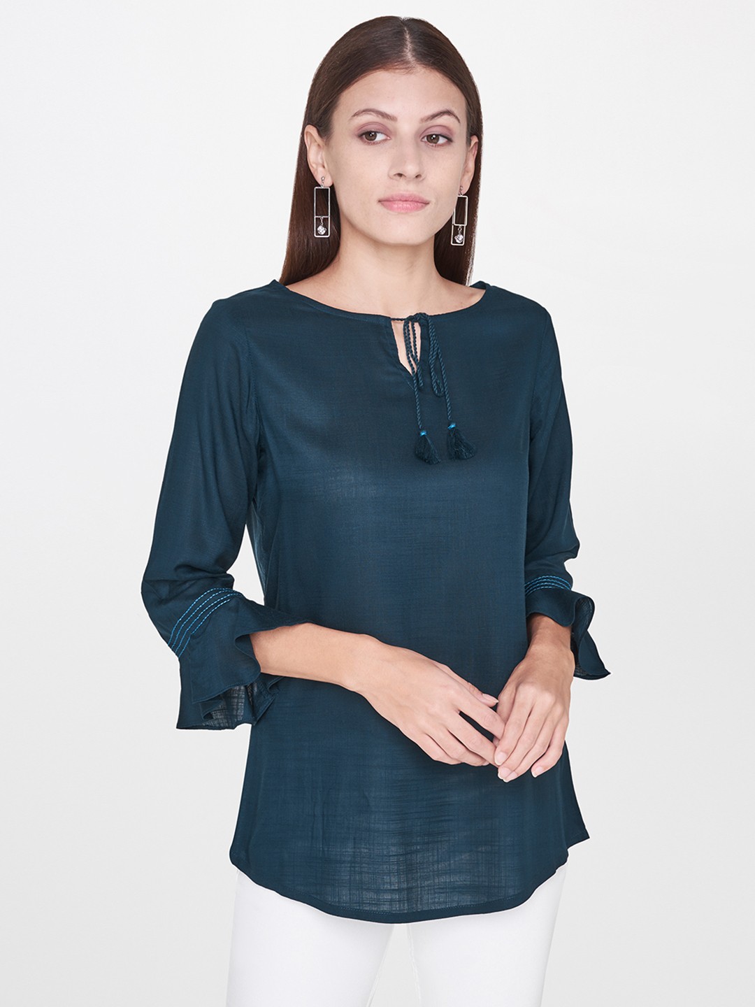 

AND Women Navy Blue Solid Top With Tie-Up Neck