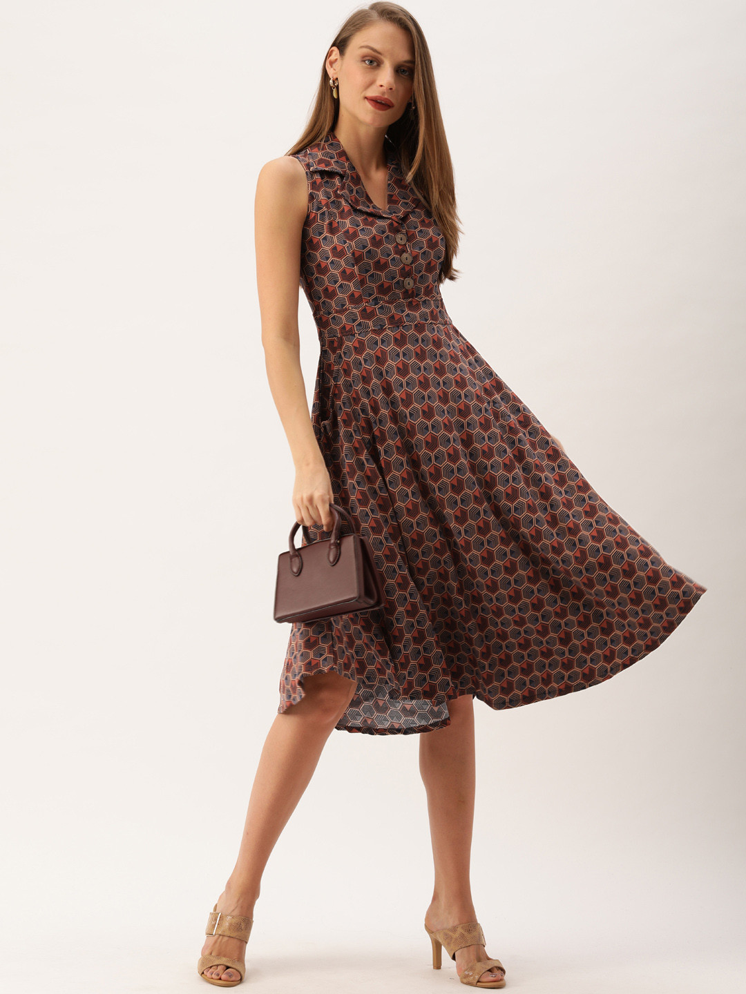 

AND Women Rust Orange & Navy Blue Printed Fit and Flare Dress