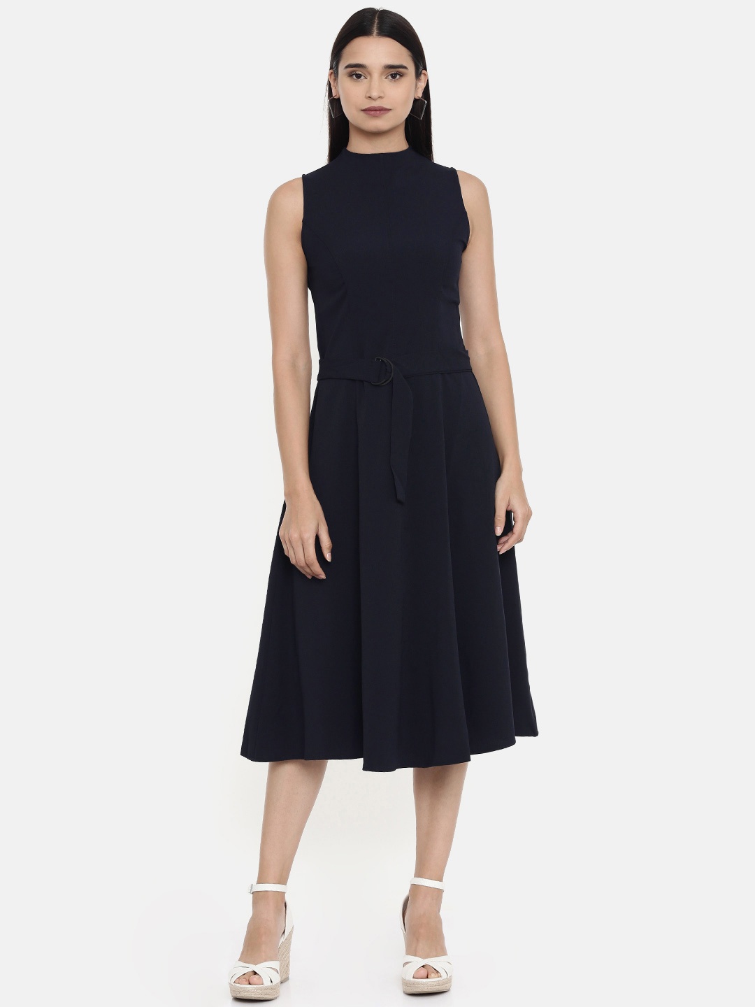

AND Women Solid Navy Blue Fit and Flare Dress