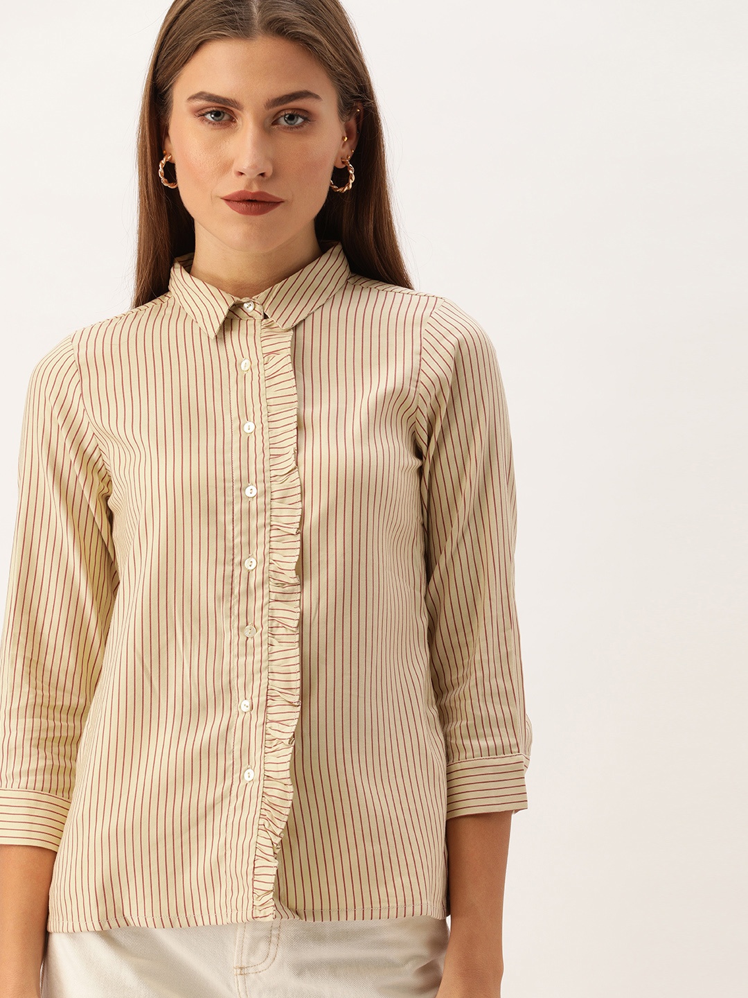 

AND Women Beige & Maroon Striped Regular Fit Ruffle Casual Shirt