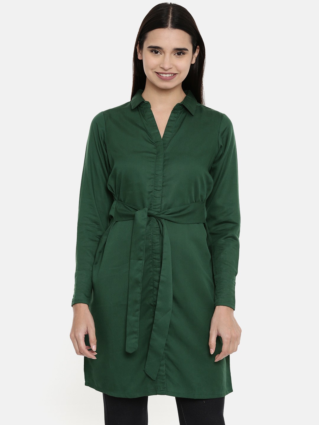 

AND Women Green Solid Tie-Up Tunic