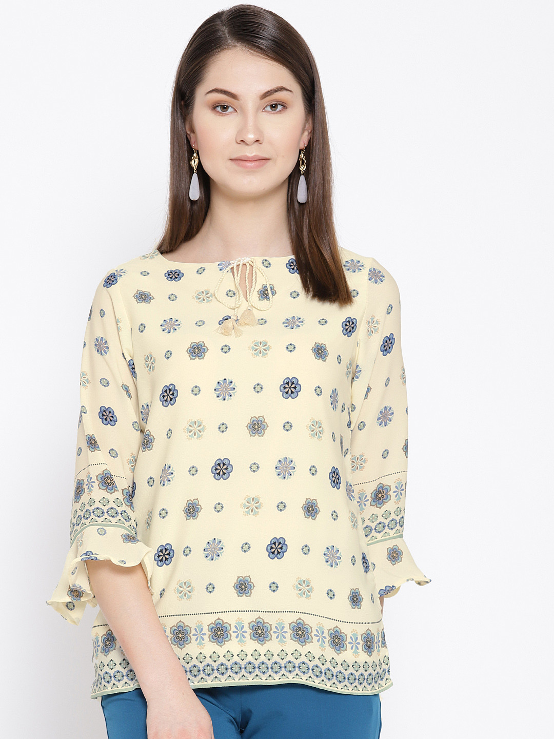 

AND Women Cream-Coloured & Blue Printed Top