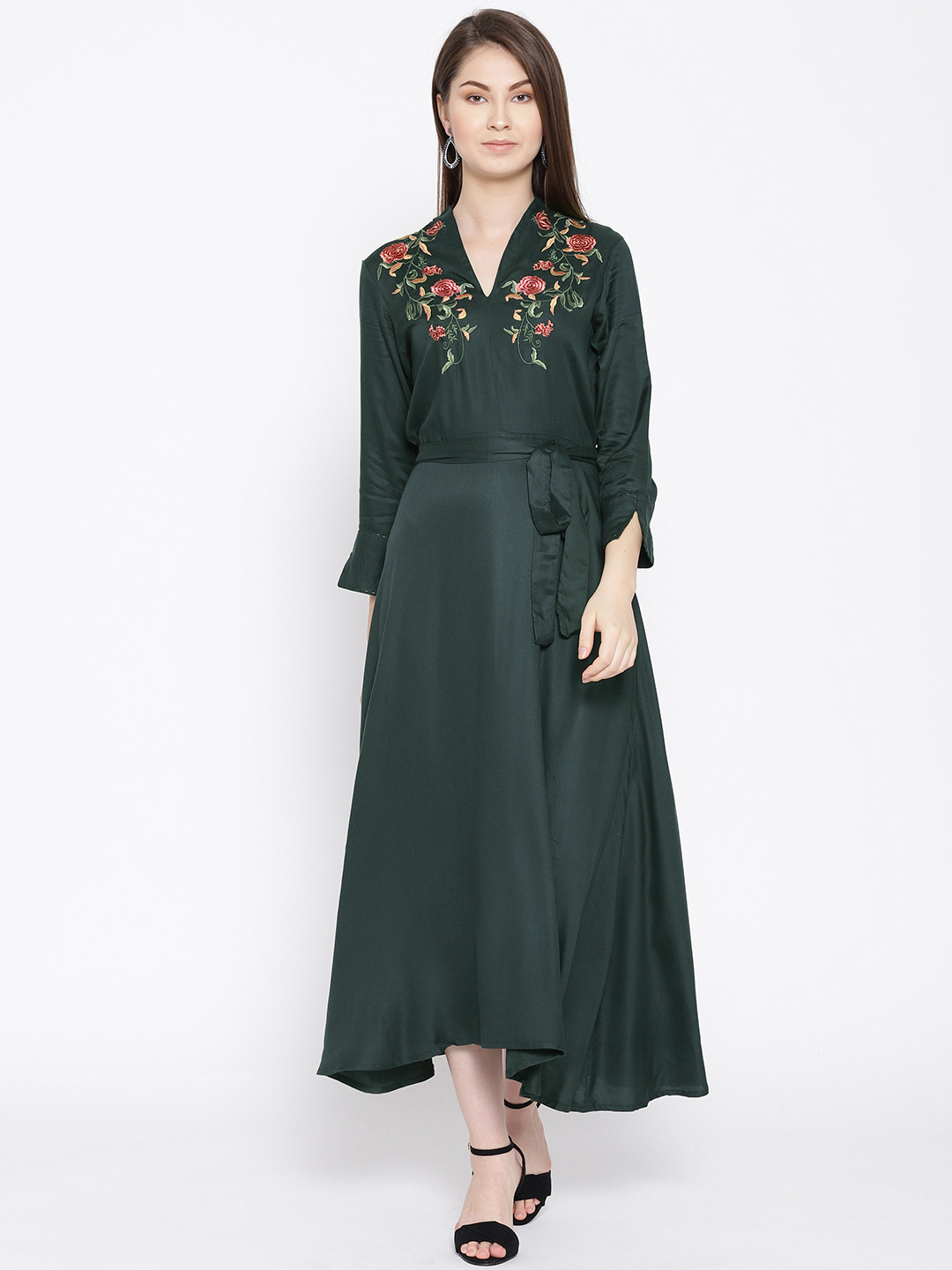 

AND Women Green Embroidered Detail Maxi Dress