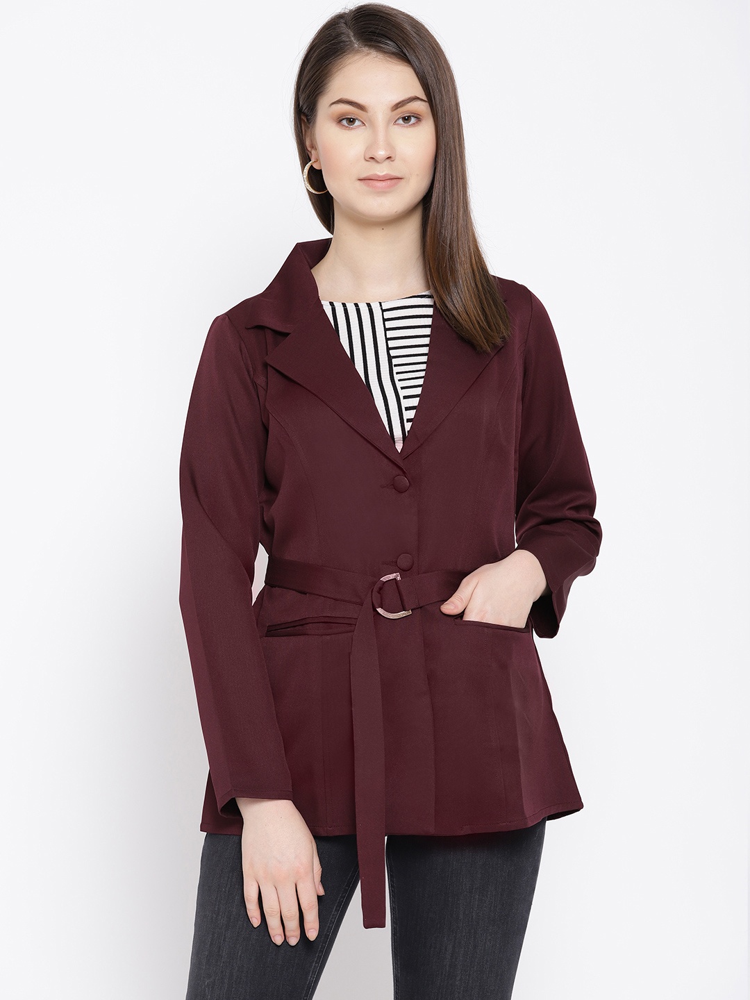 

AND Women Burgundy Solid Single-Breasted Blazer