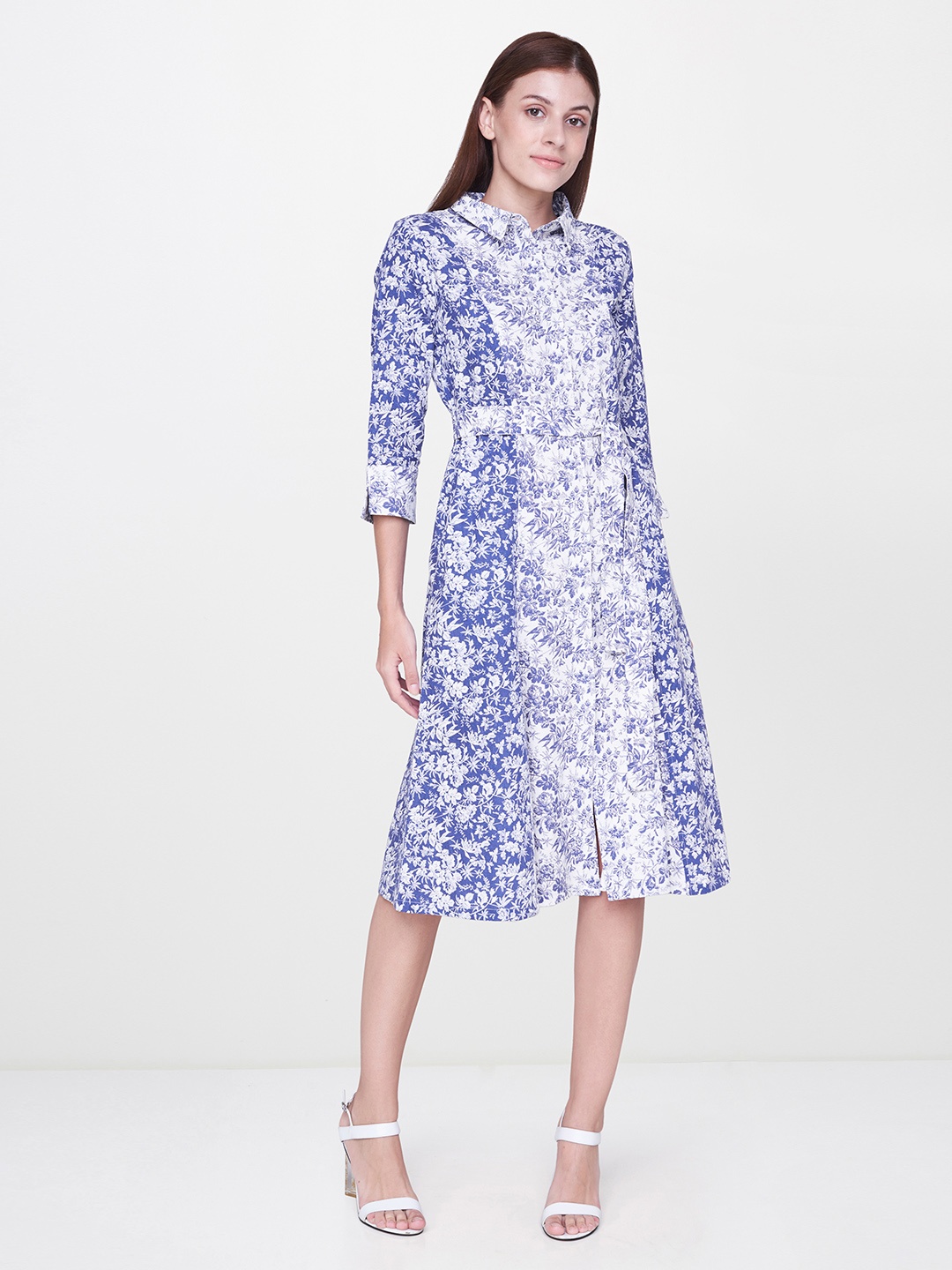 

AND Women Printed Blue & White Linen Shirt Dress