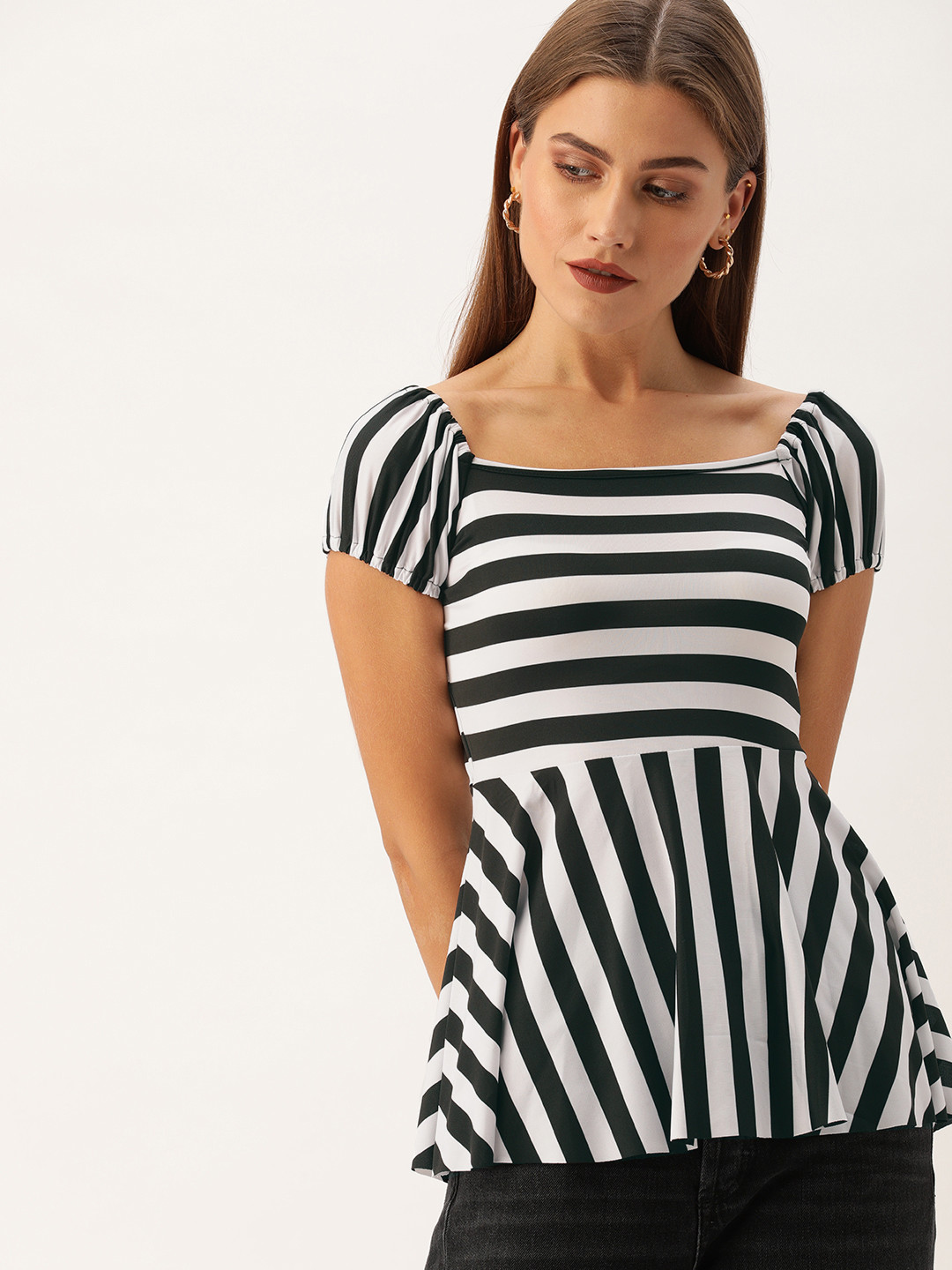 

AND Women White & Black Striped Peplum Top