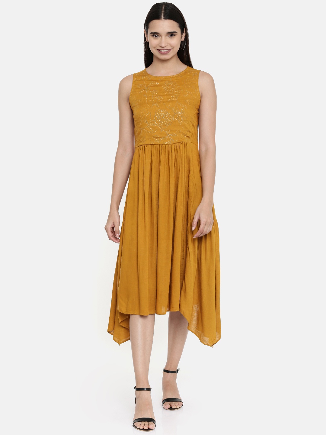 

AND Women Printed Mustard Yellow A-Line Dress