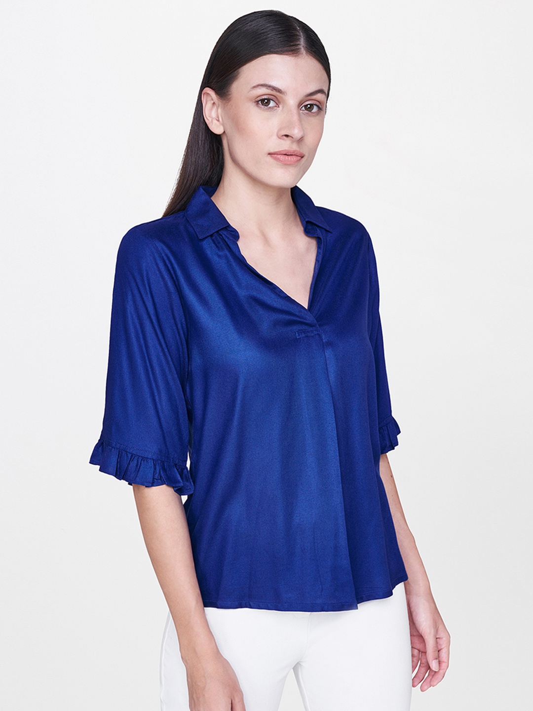 

AND Women Blue Solid Top with Pleated & Ruffled Detail, Navy blue