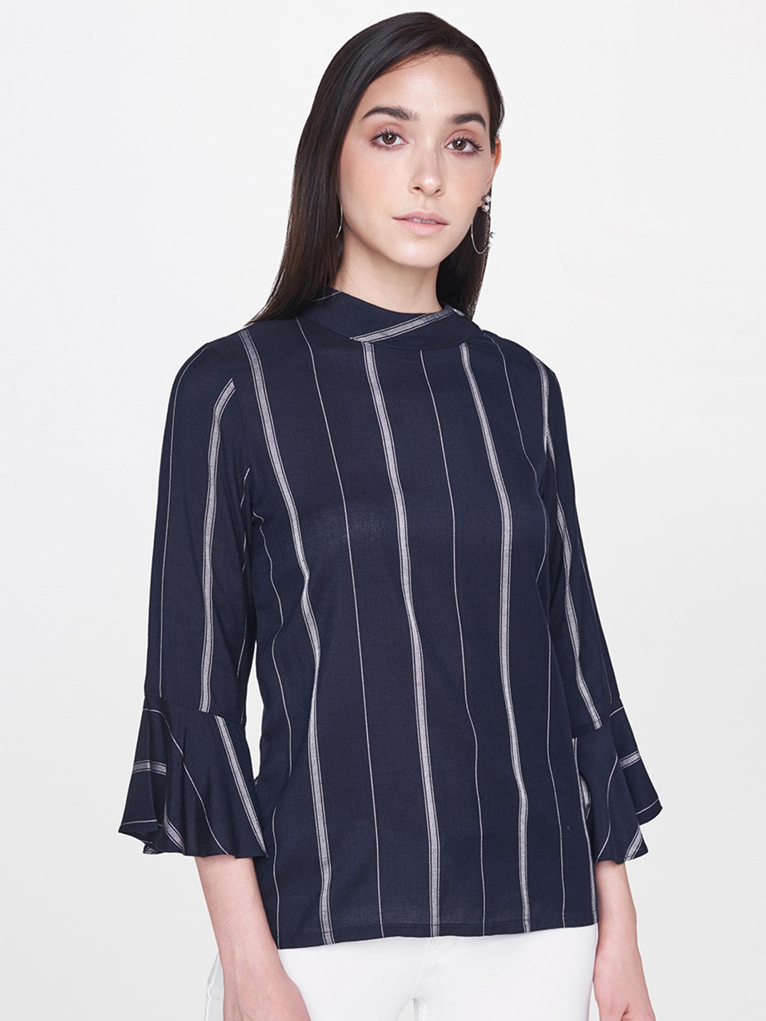 

AND Women Navy Blue & White Striped Regular Top