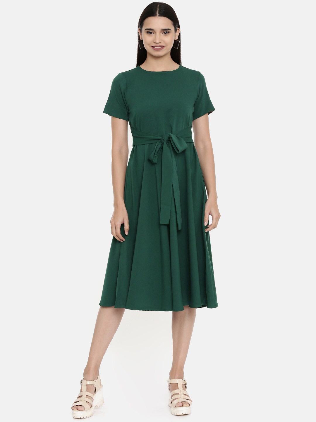 

AND Women Solid Green Fit and Flare Dress