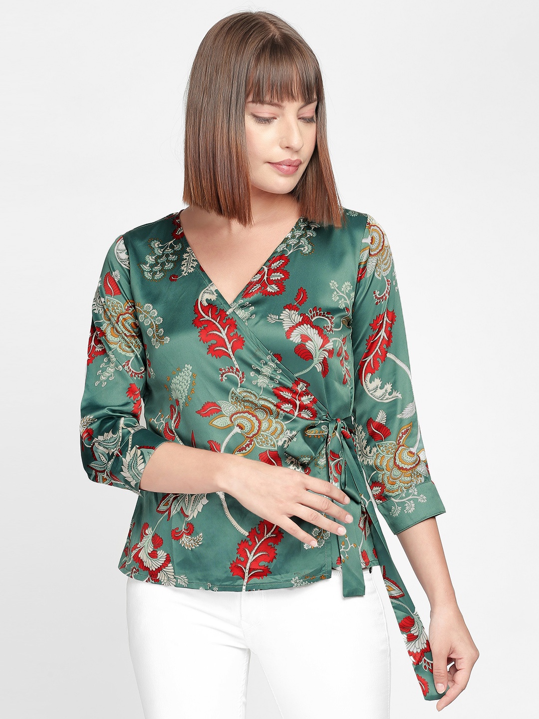 

AND Women Green & Red Floral Printed Wrap Top